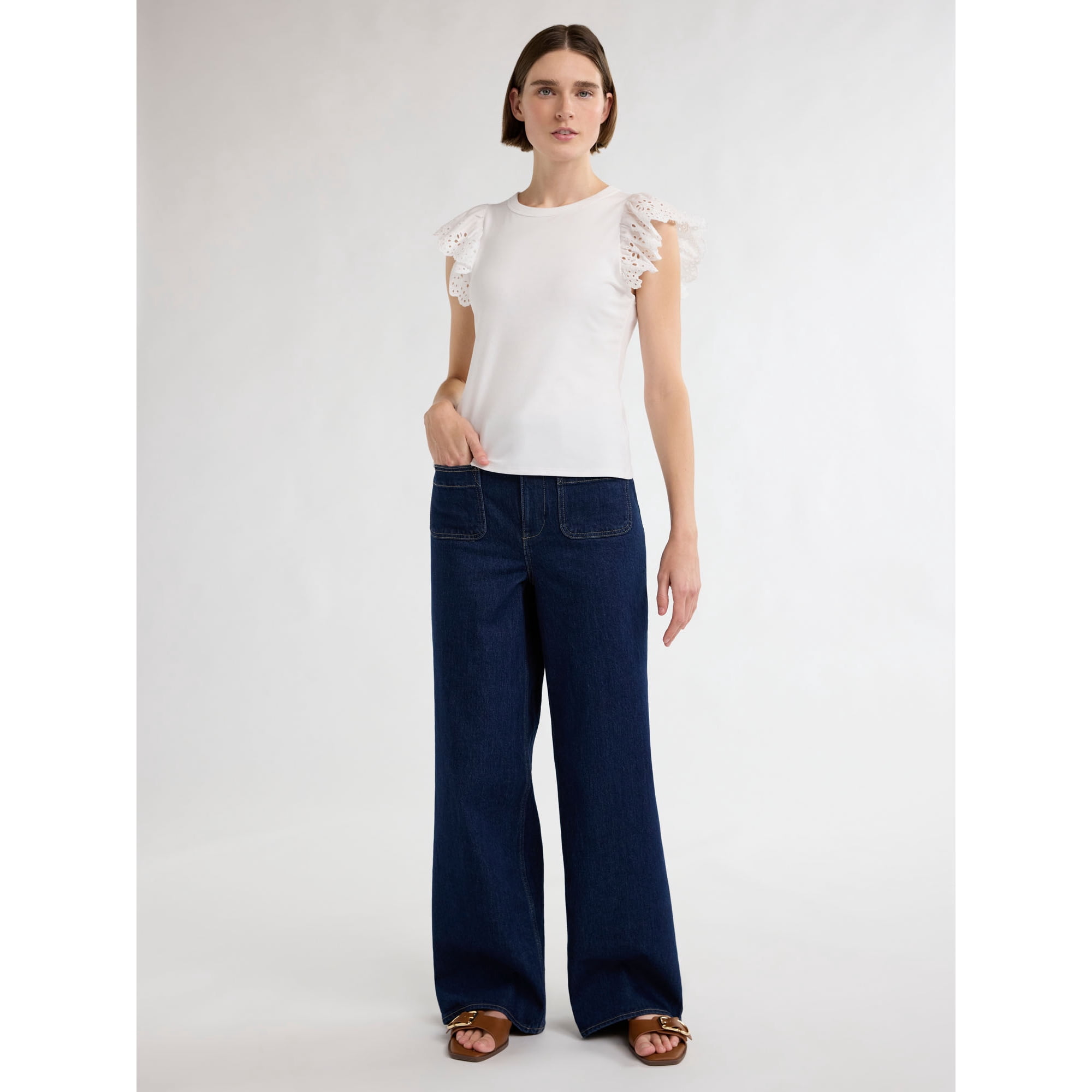 Free Assembly Women's and Women's Plus Eyelet Flutter Sleeve Tee, Sizes XS-4X