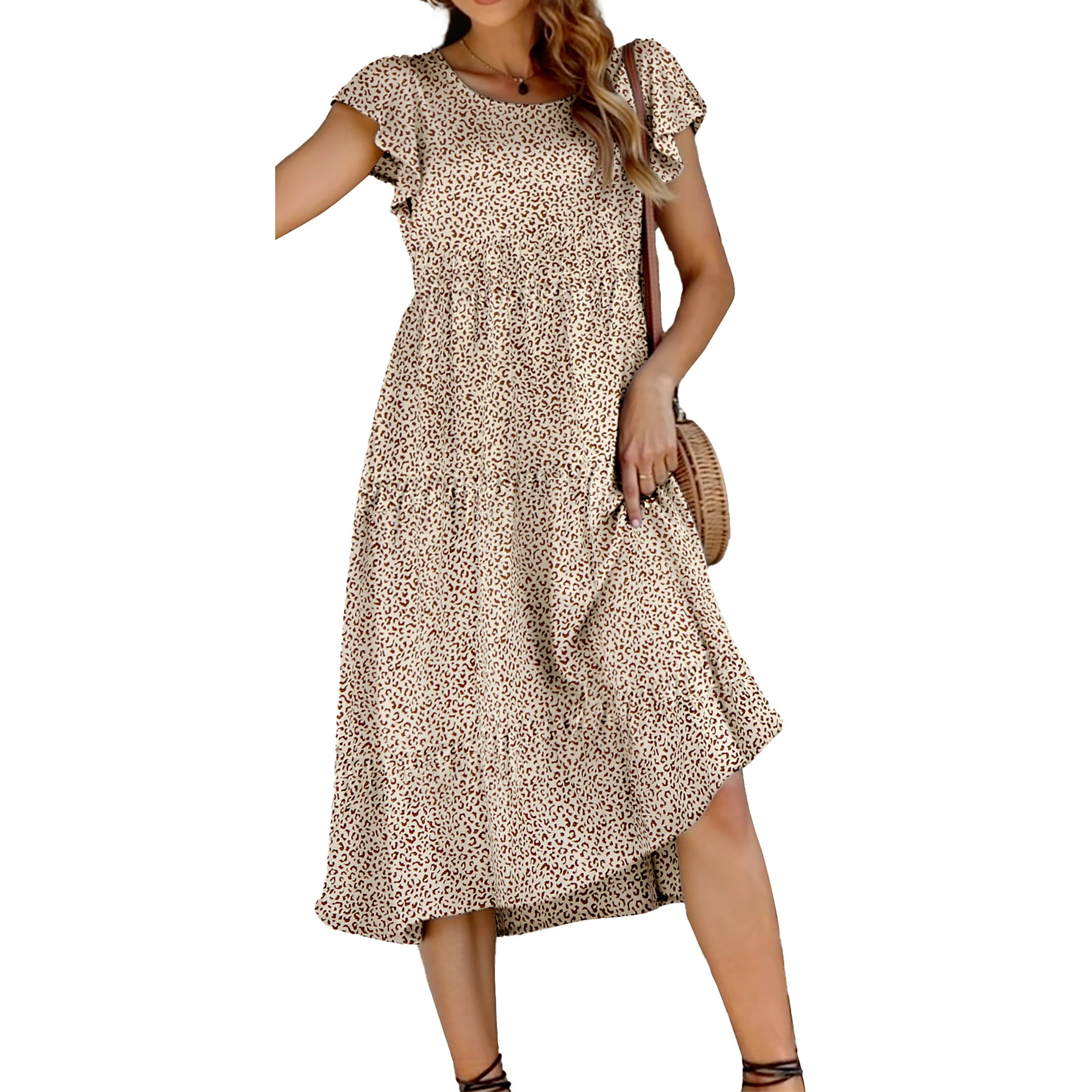 Fantaslook Dresses for Women Summer Casual Boho Dress Floral Print Ruffle Sleeve Midi Beach Dresses