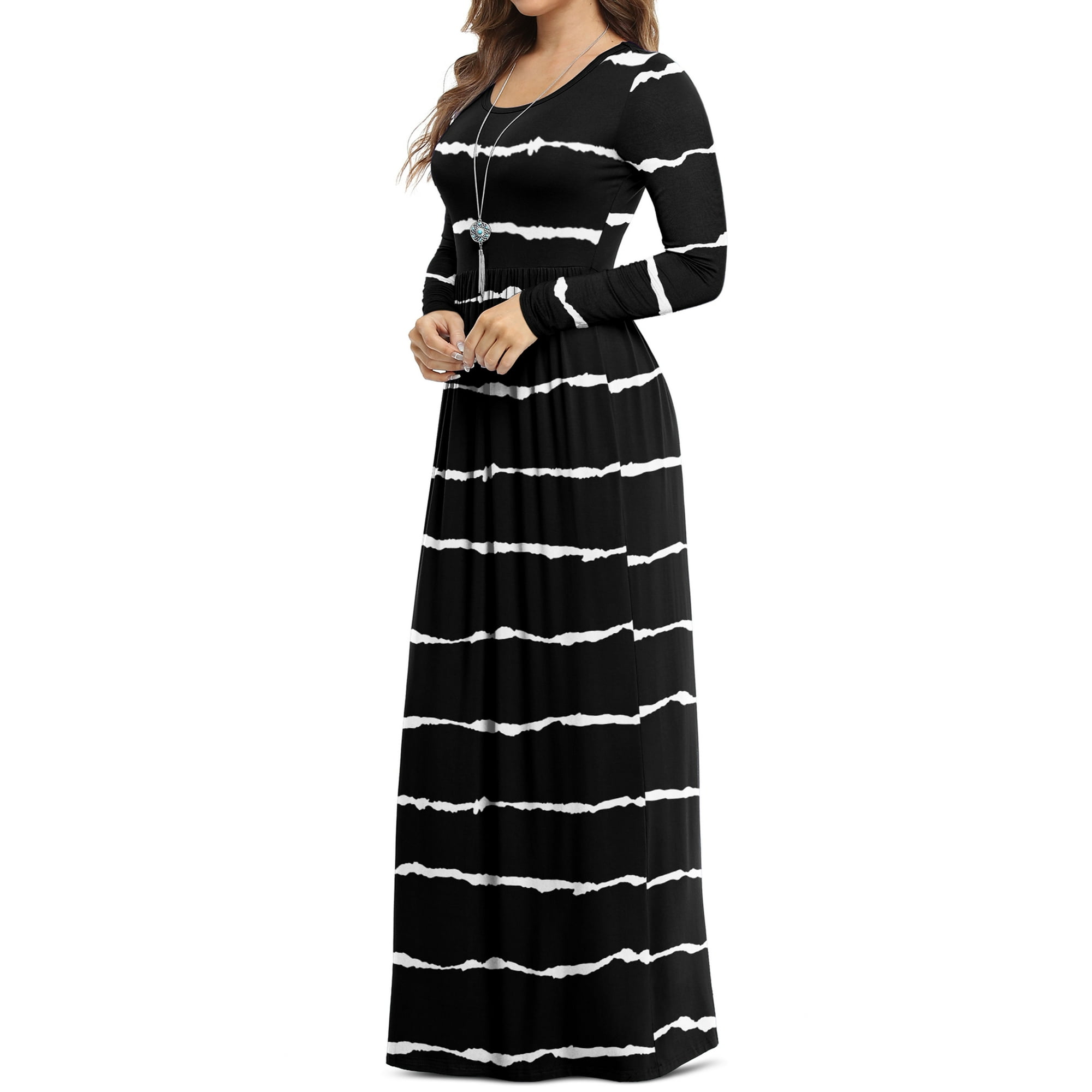 Asklazy Women's Long Sleeve Loose Plain Maxi Dresses Casual Long Dresses with Pockets,US Size,F Black stripes,L